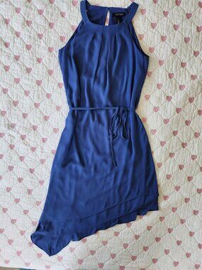 White House Black Market Blue Chiffon Halter Dress Asymmetrical Belted Size 4